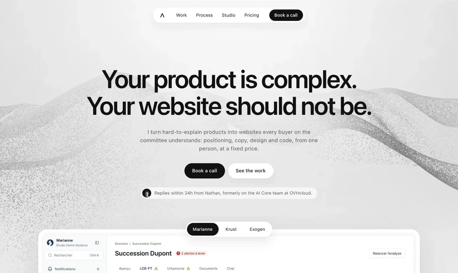 The Altair Studio homepage, headlined: Your product is complex. Your website should not be.