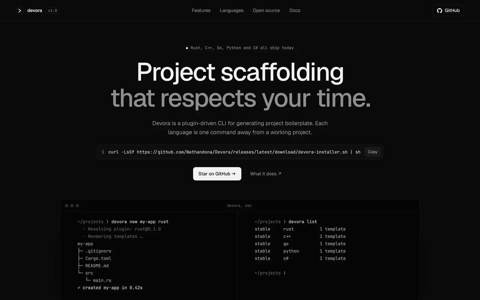 The Devora landing page with a terminal, headlined: Project scaffolding that respects your time.