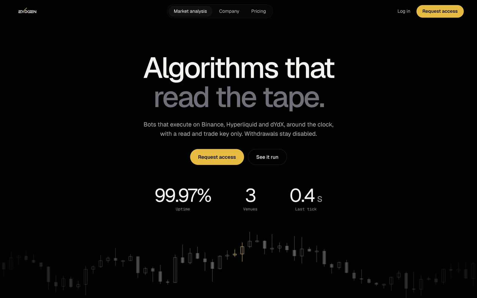 The Exogen landing page, headlined: Algorithms that read the tape.