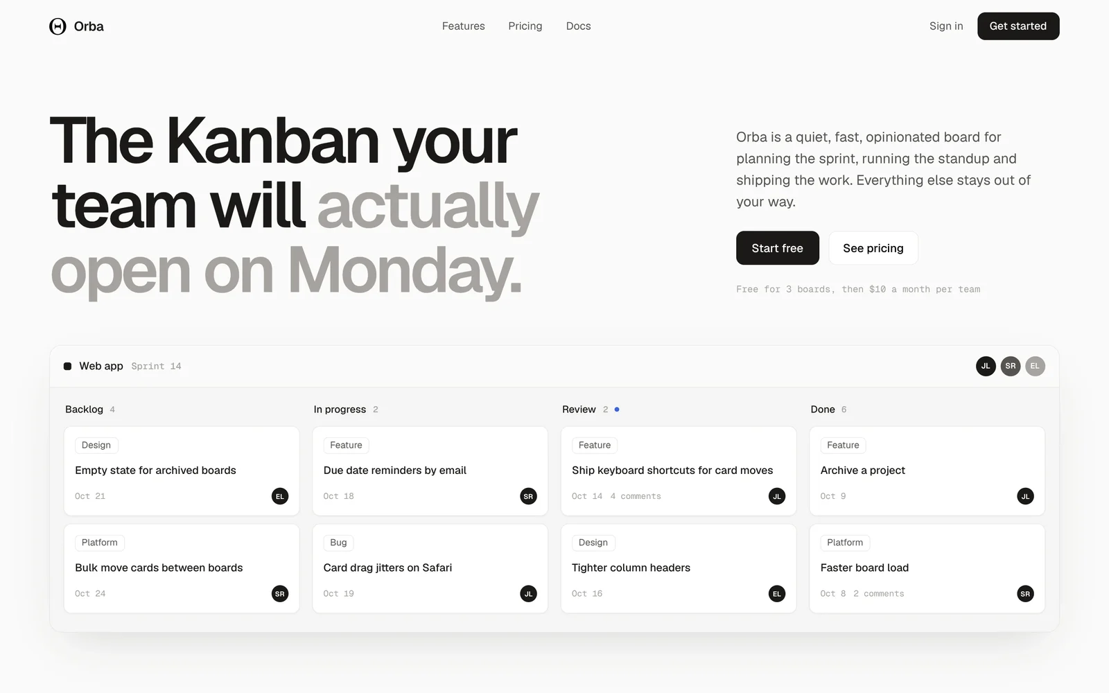 The Orba landing page with a Kanban board, headlined: The Kanban your team will actually open on Monday.